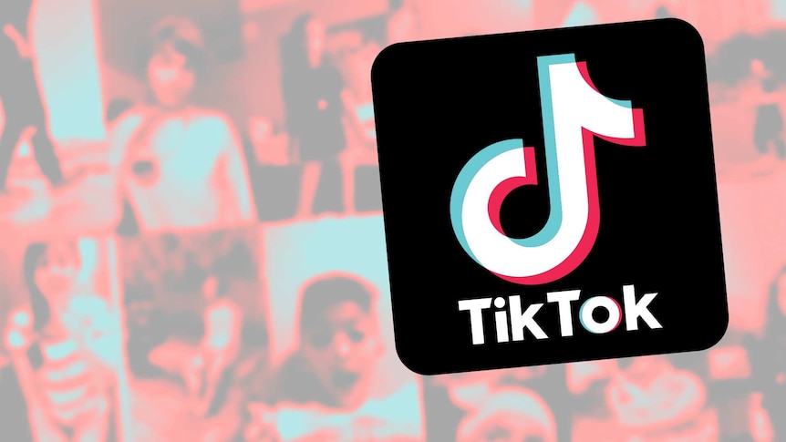 The TikTok logo on the top of blurred screenshots of TikTok users.