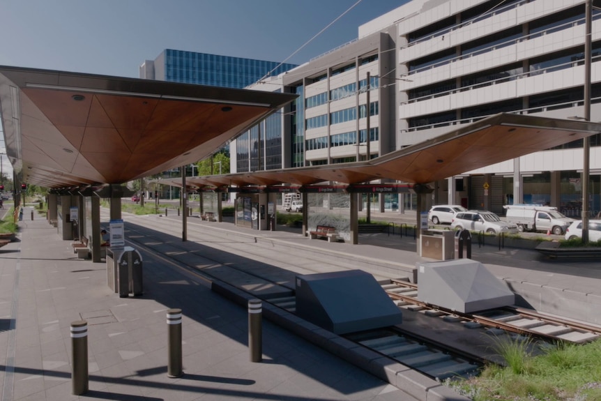 An empty tram stop in Canberra during coronavirus.