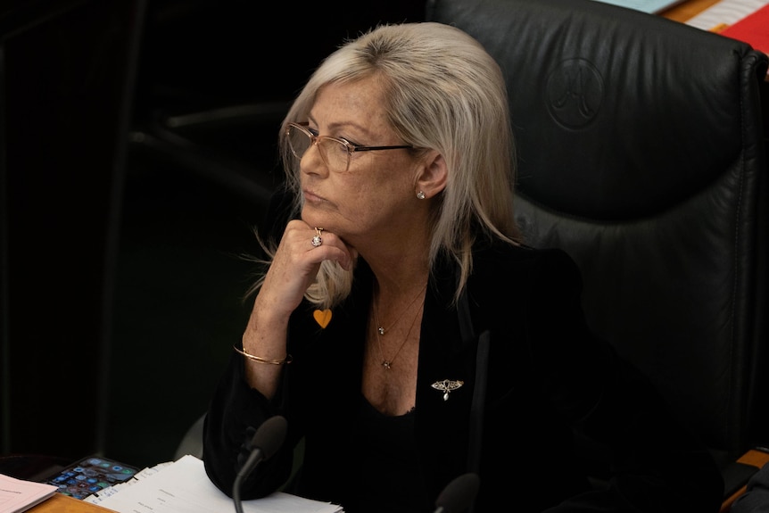 Elise Archer rests her head on her hand in parliament.