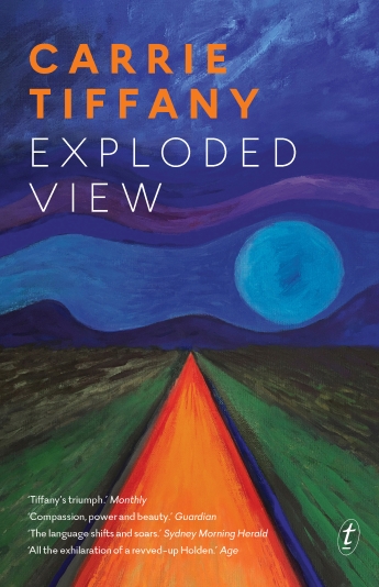 The book cover for Carrie Tiffany's Exploded View with a painting of an orange road and blue sky