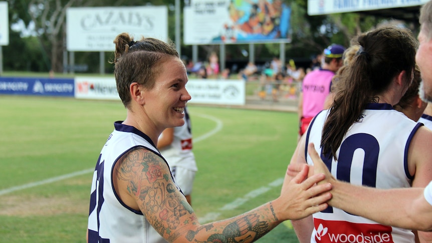 Fremantle Dockers player Taylah Angel is happy after her team's AFLW victory over the Adelaide Crows
