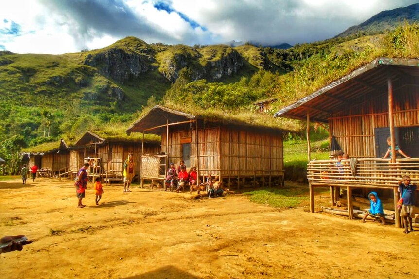 Tucked in an isolated village in PNG, this image captures huts sitting below towering mountains. 