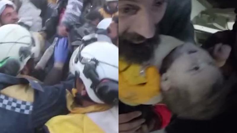 Composite image, one of a crowd with several wearing white helmets, the second a man holding a baby wearing yellow