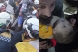 Composite image, one of a crowd with several wearing white helmets, the second a man holding a baby wearing yellow