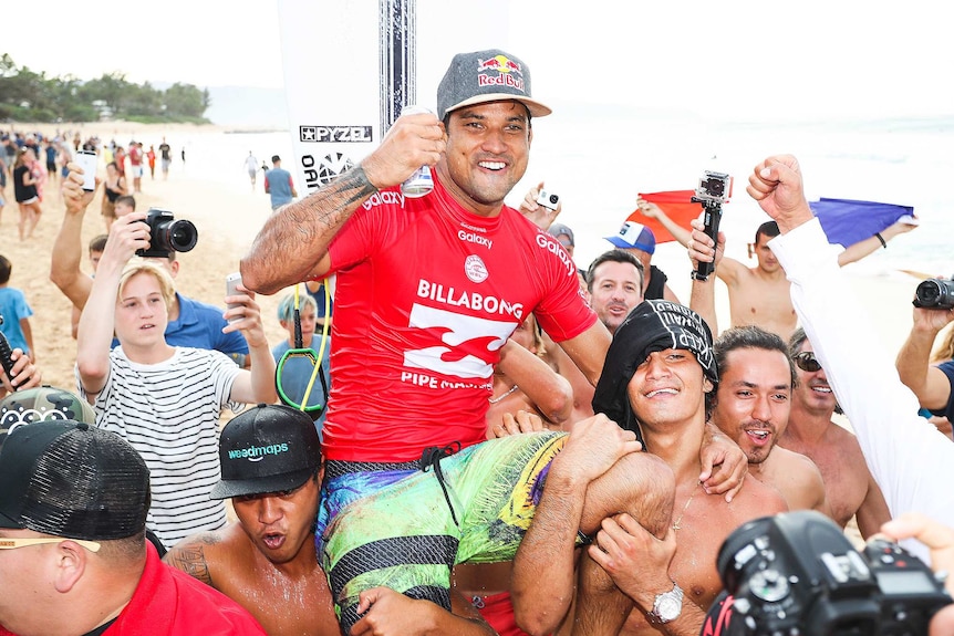Tahiti's Michel Bourez shortly after winning the 2016 Pipe Masters