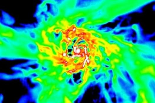 A spiral simulation of strands of  gas coalescing to form an ancient galaxy.