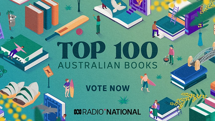 Green background with infographics of books and Australian items