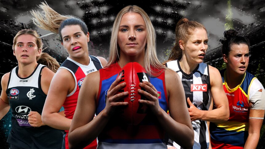 Five AFLW players stand shoulder to shoulder in a graphic design.