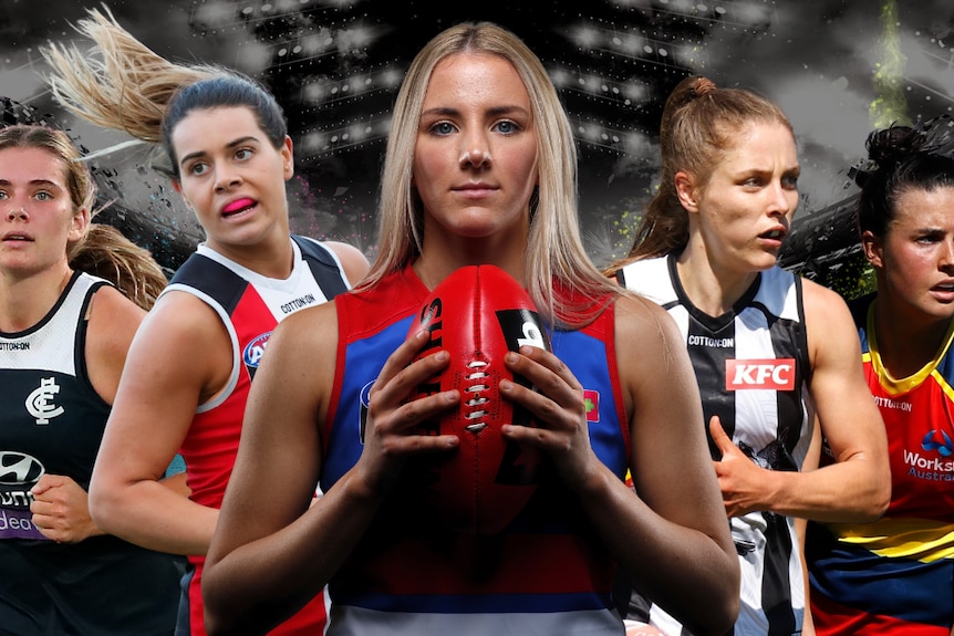 Five AFLW players stand shoulder to shoulder in a graphic design.