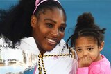 Serena Williams smiles while holding her daughter in one arm and a big silver trophy in the other