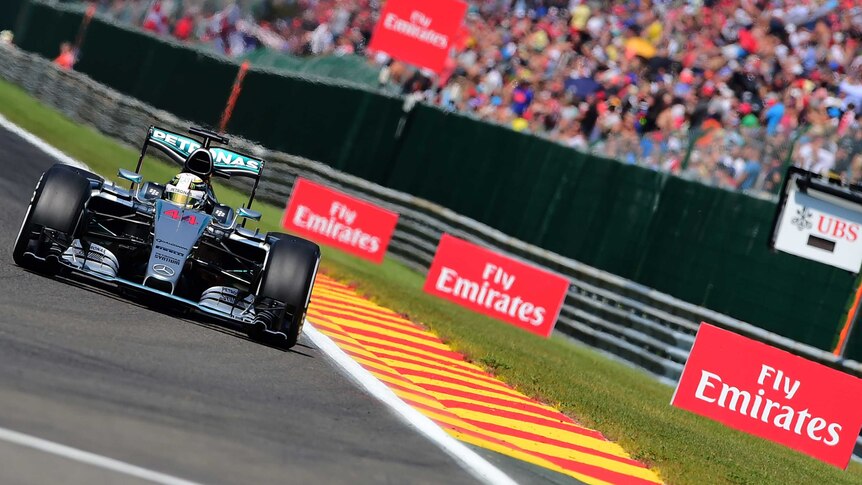 Mercedes driver lewis Hamilton drives in qualifying for the 2015 Formula One Belgian Grand Prix.