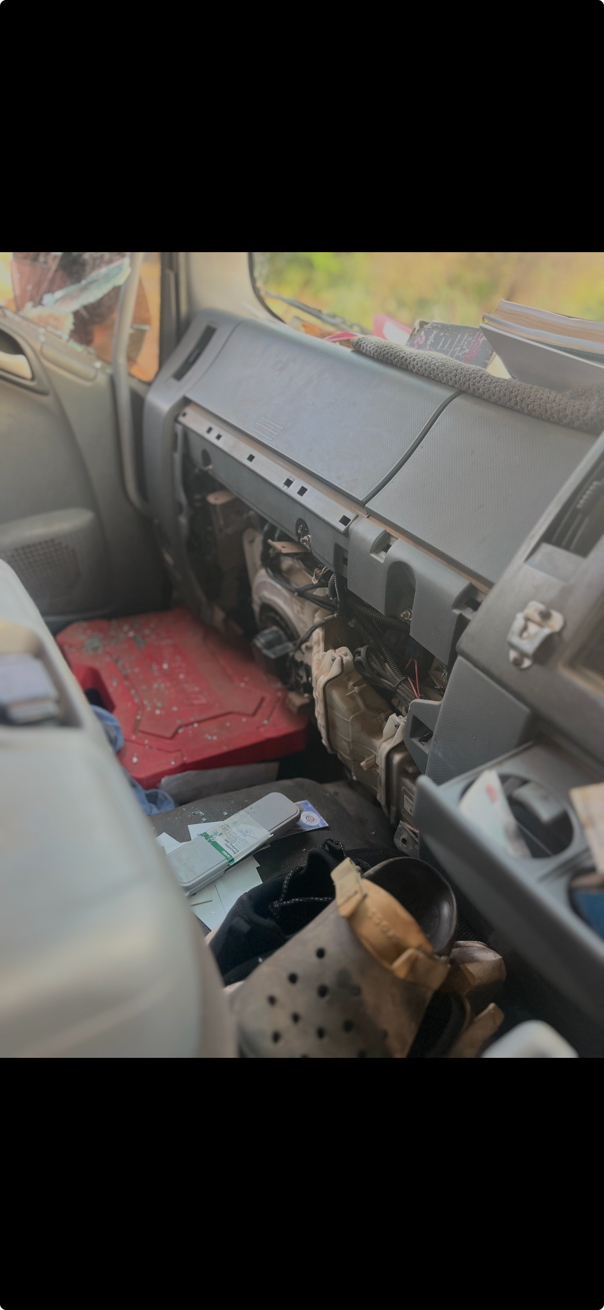 The interior of a vandalised truck cabin