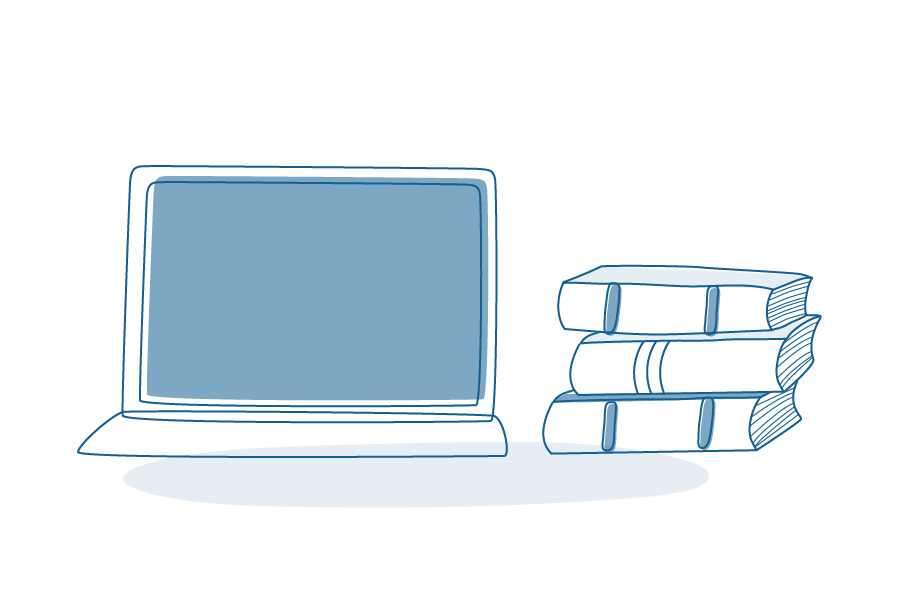 Illustration of laptop and books piled on top of each other.