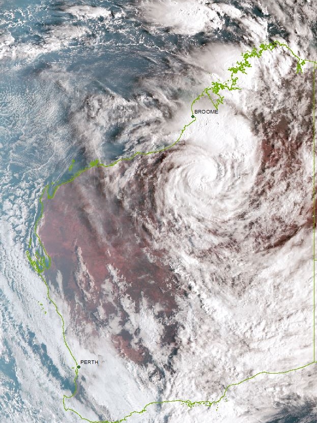 A satellite image shows a huge swirling cloud over the Pilbara.