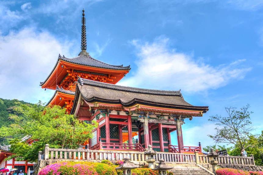 A wide shot of the Sensoji Buddhist temple, surrounded by green trees with a blue sky in the background.