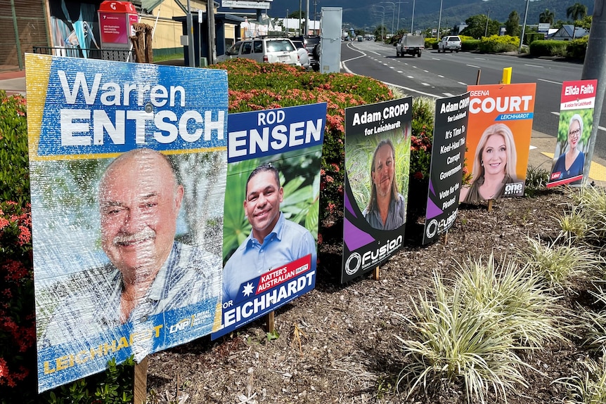 A line of election corflutes dug into the ground