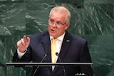 Australian Prime Minister Scott Morrison speaks at a lectern in front of a green background.