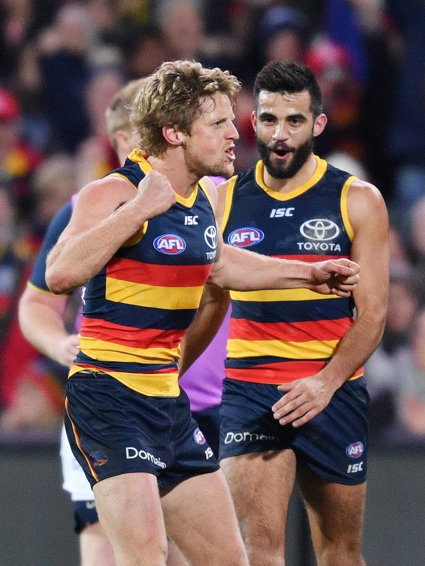 Rory Sloane pumps his fist against the Cats at Adelaide Oval.
