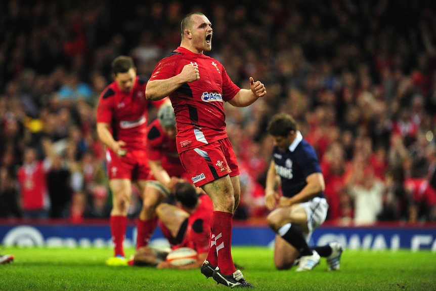 Wales prop Ken Owens celebrates a Six Nations try against Scotland.