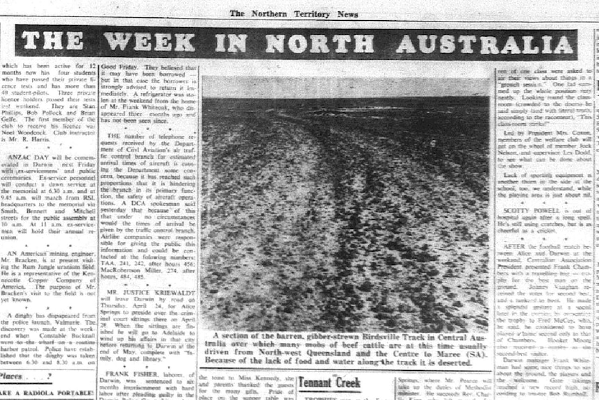 An archival newspaper image of a barren cattle stock route, in black-and-white.