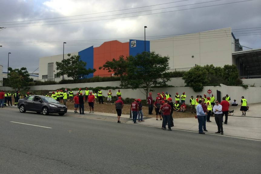 Protest builds outside the Woolworths Liquor Distribution Centre at Stapylton on Qld's Gold Coast