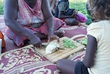 A woman chops vegetables as a child looks on at Elcho Island retreat.