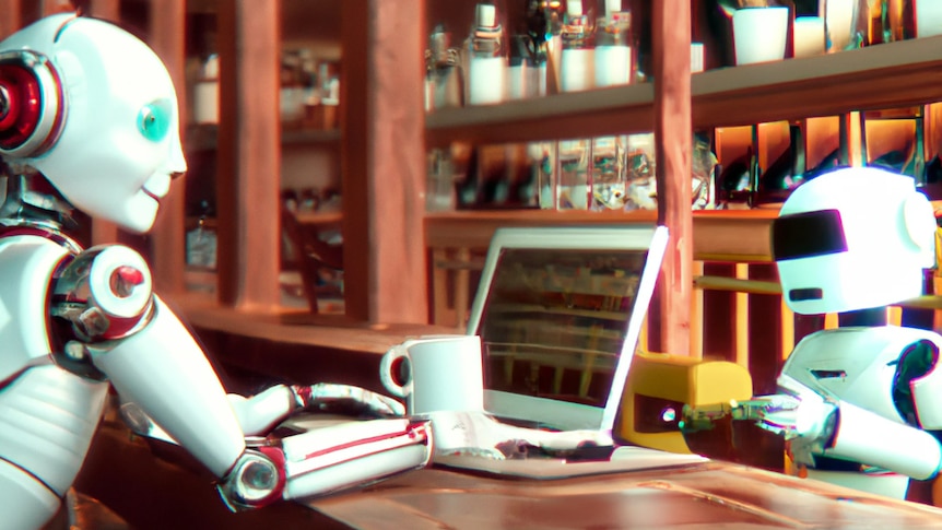 An AI-generated photorealistic image of a robot using a laptop computer, while sitting in a warm cafe