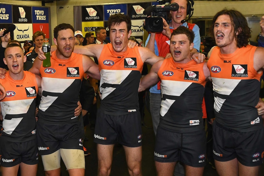 Confident mood ... The Giants celebrate their qualifying final win over Sydney two weeks ago