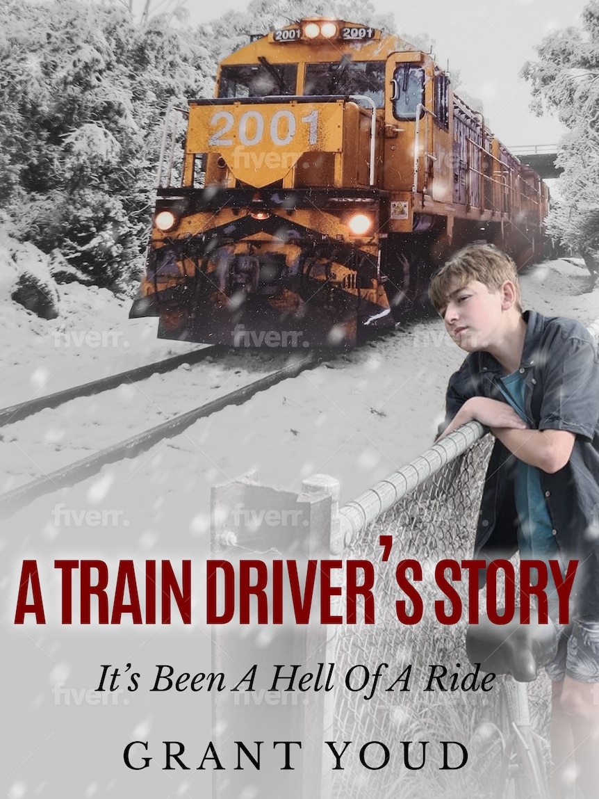 Book cover with picture of train in snow and a teenager leaning on a fence.