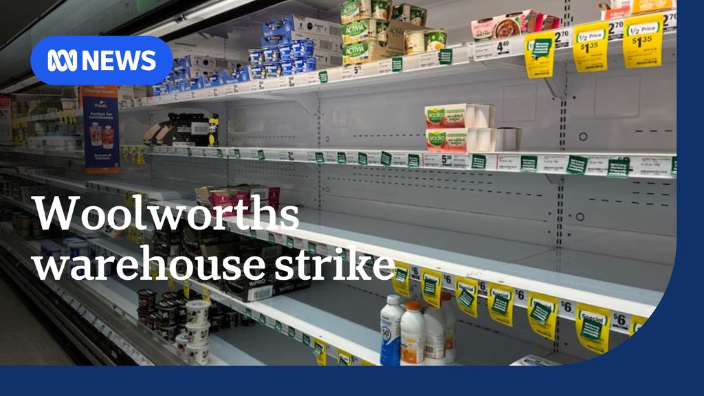 Woolworths warehouse strike: A supermarket dairy shelf empty of some products.