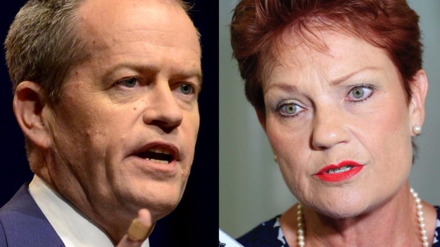 A composite image of Bill Shorten speaking and pointing his finger, and Pauline Hanson talking to reporters.