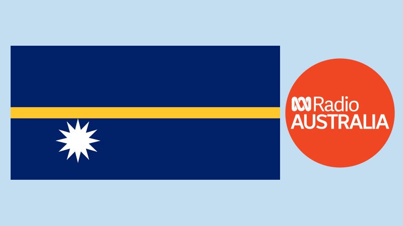 The flag of Nauru next to a circular red logo with the text "ABC Radio Australia.