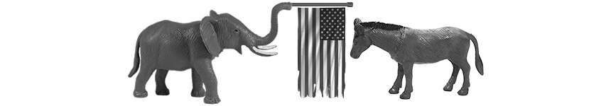 A graphic image of a toy elephant holding up a tattered American flag, and a toy horse.