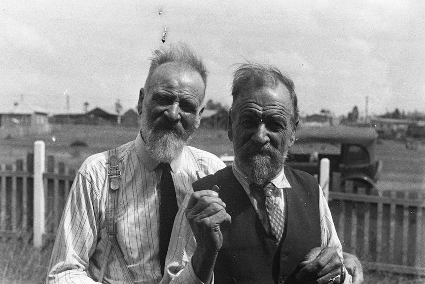 William Tom and John Lister with a gold nugget in Ophir
