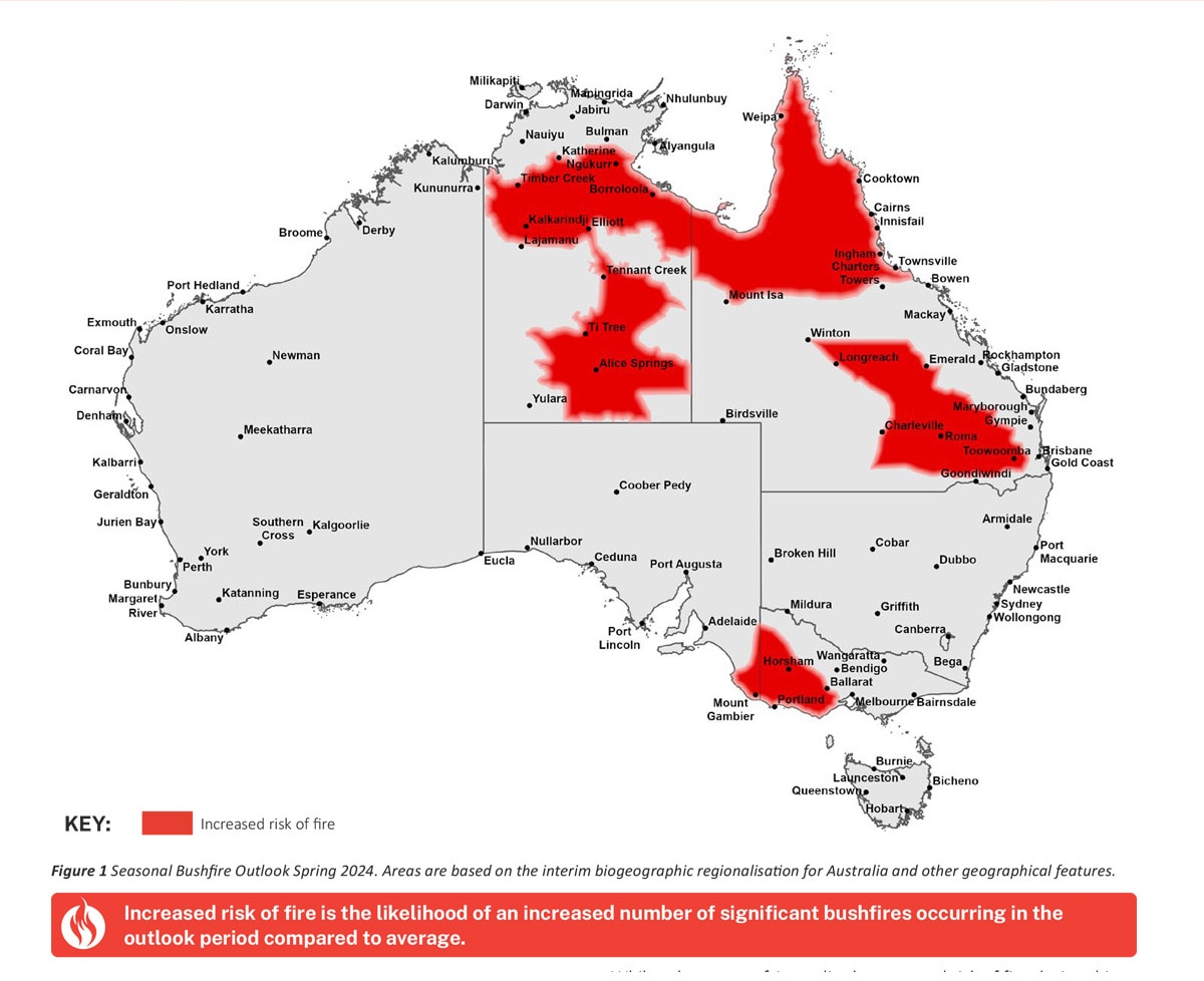 A graphic of a map of Australia with red patches indicating areas of the country with higher bushfire danger