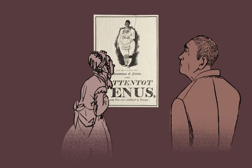 Animated image of two people looking at a poster on the wall saying 'Hottentot Venus'.
