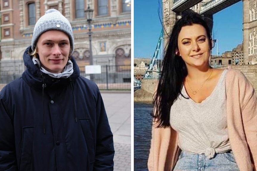 Young woman sitting smiling in front of London Bridge, in separate photo a young man smiling in a Russian city.