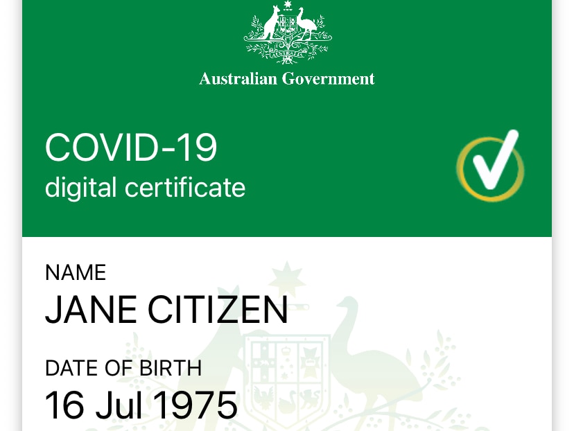 Une capture d'écran verte et blanche du certificat numérique COVID-19 du gouvernement australien