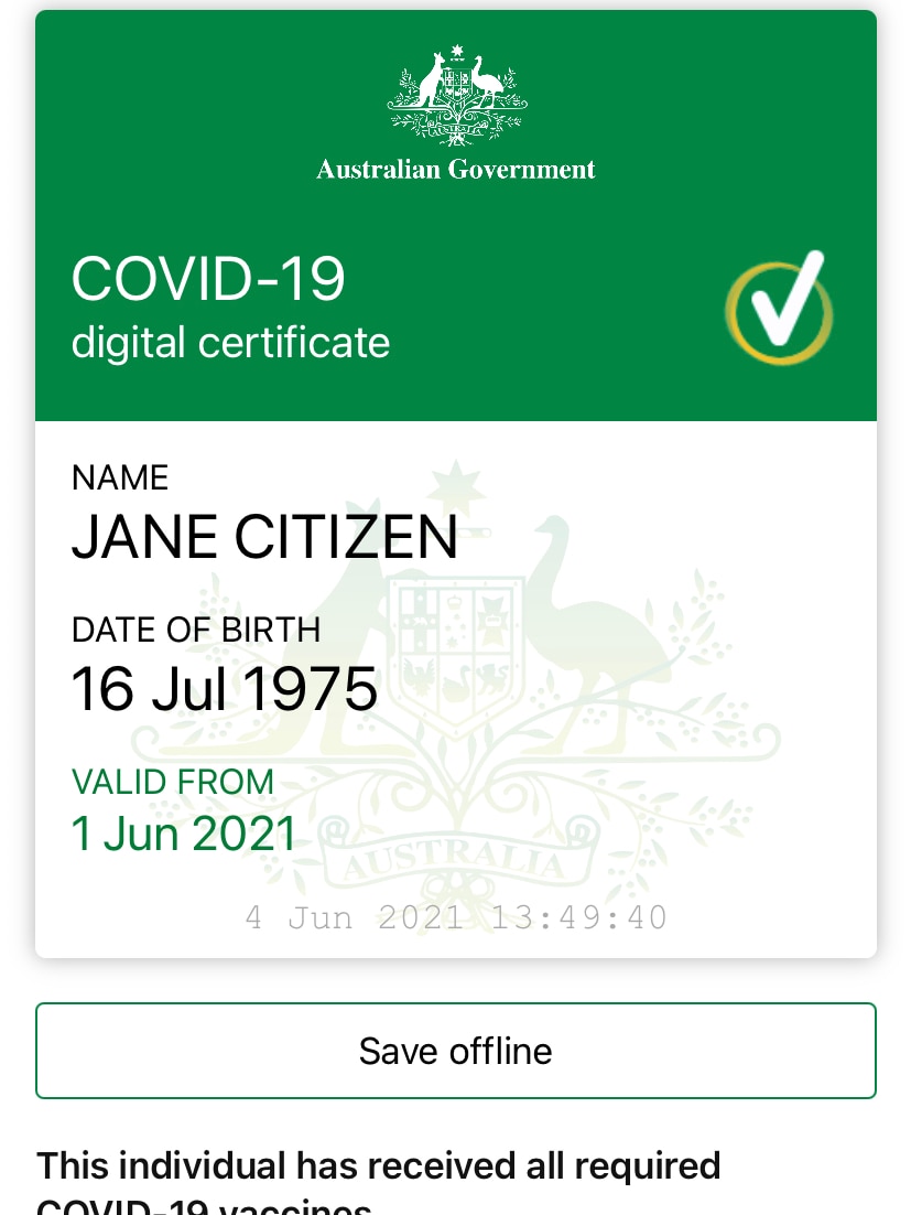 A green and white screenshot of the Australian Government COVID-19 digital certificate