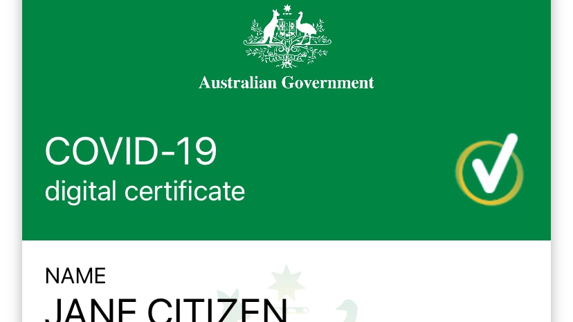 A green and white screenshot of the Australian Government COVID-19 digital certificate