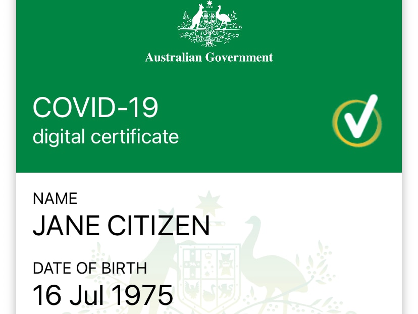 A green and white screenshot of the Australian Government COVID-19 digital certificate