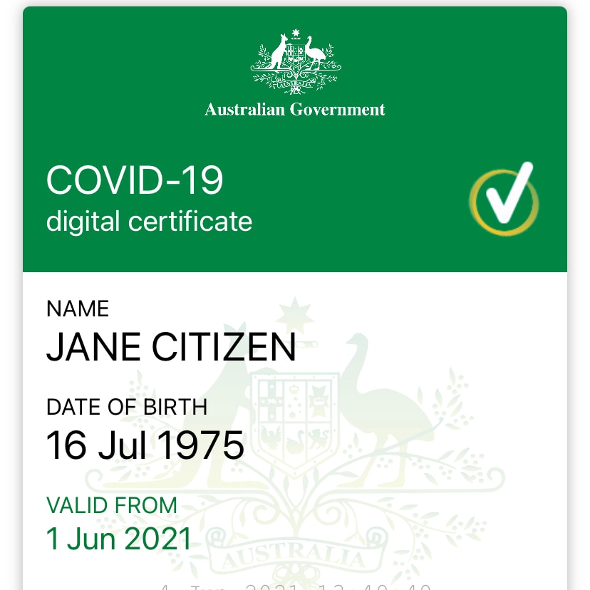 A green and white screenshot of the Australian Government COVID-19 digital certificate