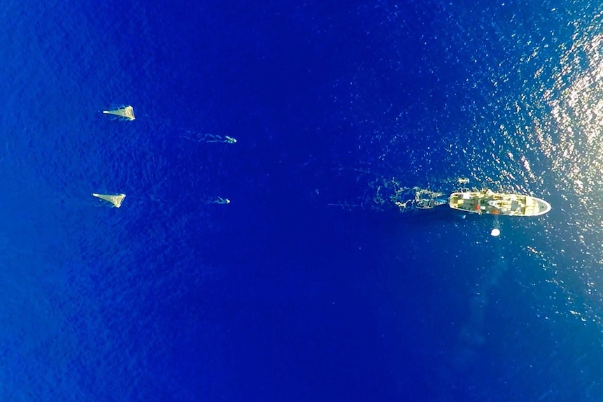 The research mothership collecting samples in the Great Pacific Garbage Patch