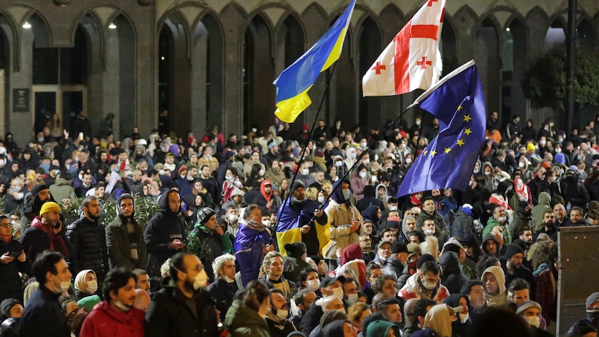 A sea of people gather under EU and Georgian flags 