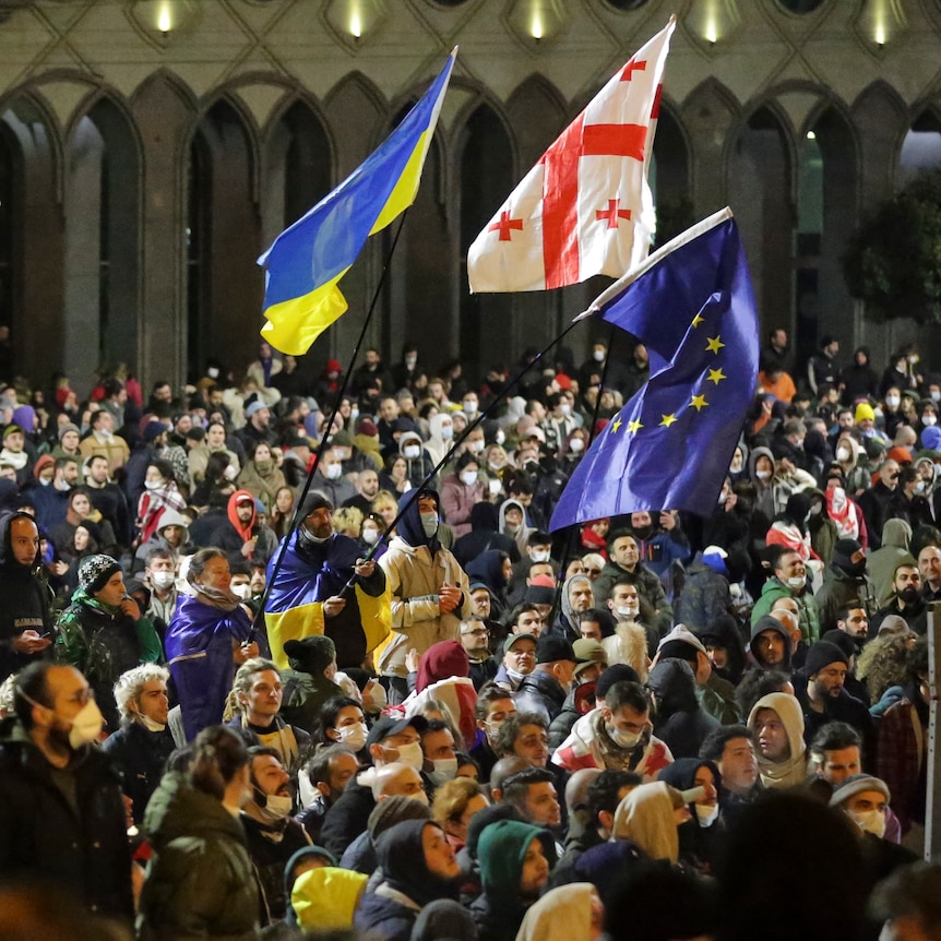 A sea of people gather under EU and Georgian flags 