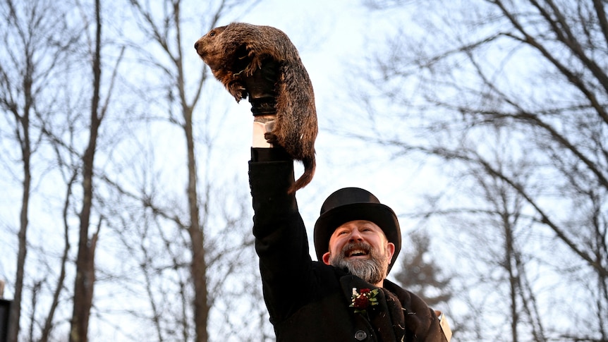 A man in a top hat holds a groundhog high in the air. 