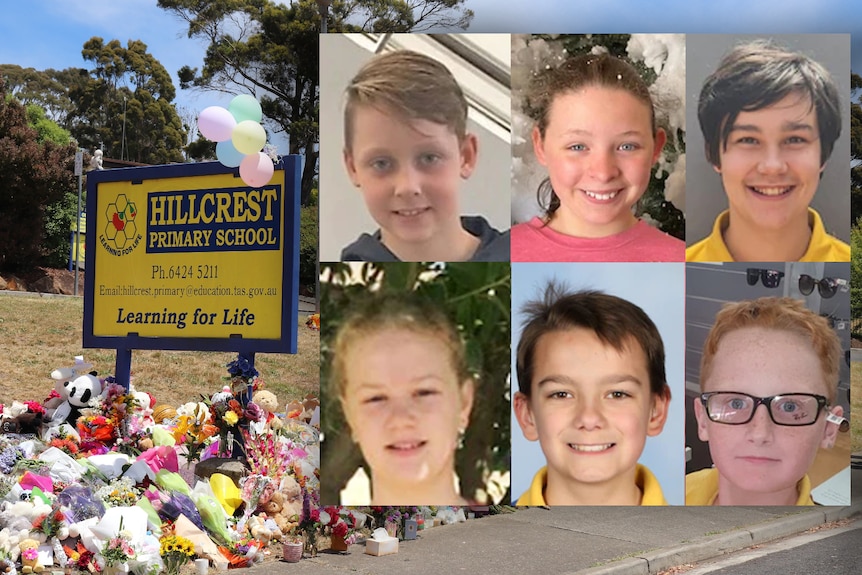 Composite image of six victims of jumping castle tragedy with school signage as background