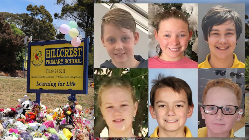 Composite image of six victims of jumping castle tragedy with school signage as background