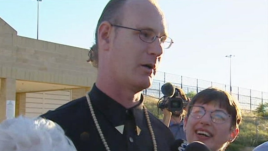 A head and shoulders shot of Andrew Mallard speaking to reporters outside Casuarina Prison after being freed from jail.