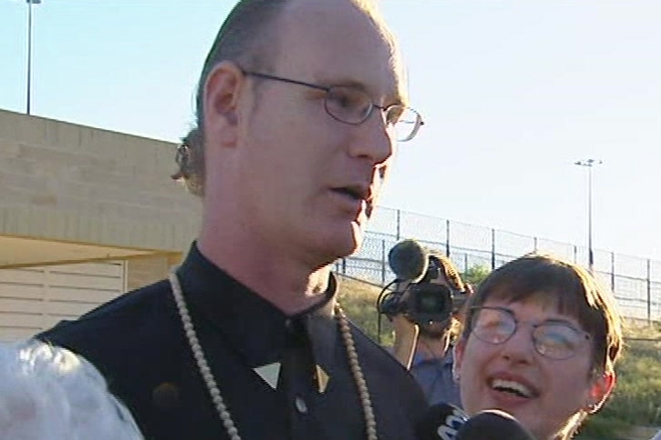 A head and shoulders shot of Andrew Mallard speaking to reporters outside Casuarina Prison after being freed from jail.